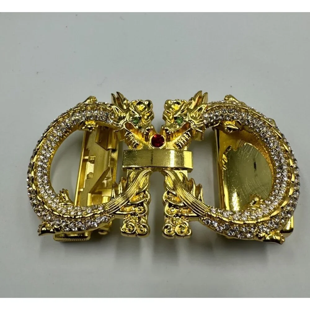 Dragon Rhinestone Ratchet Belt Buckle Gold Tone Automatic Slide Fantasy